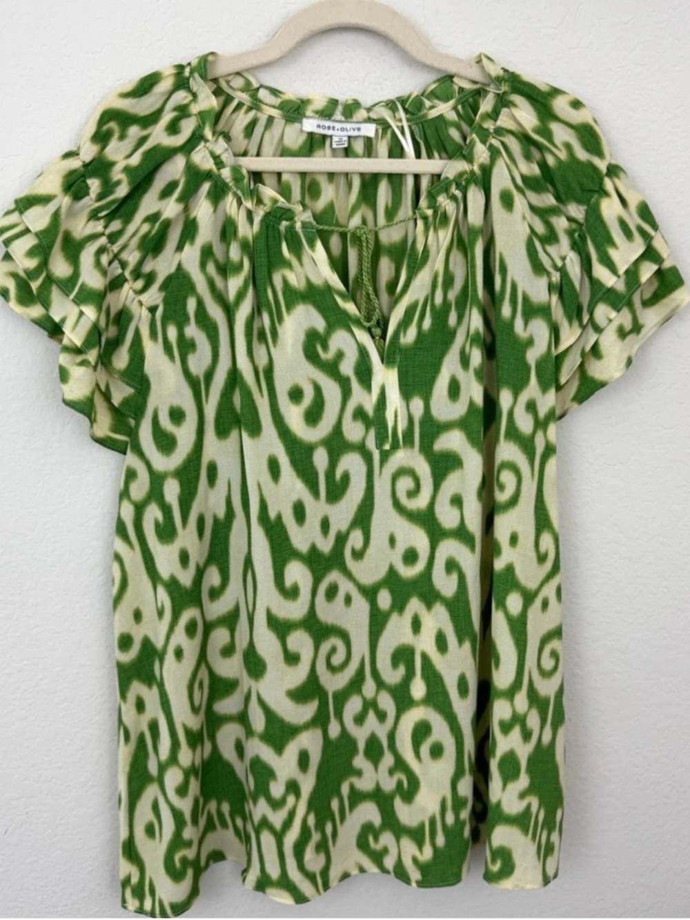 Rose & Olive Green and Cream Printed Ruffle-Sleeve Tunic